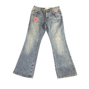 Cochni Italy Beaded Union Jack Jeans Women's Sz 33 Flare Y2K Boho Indie NWT